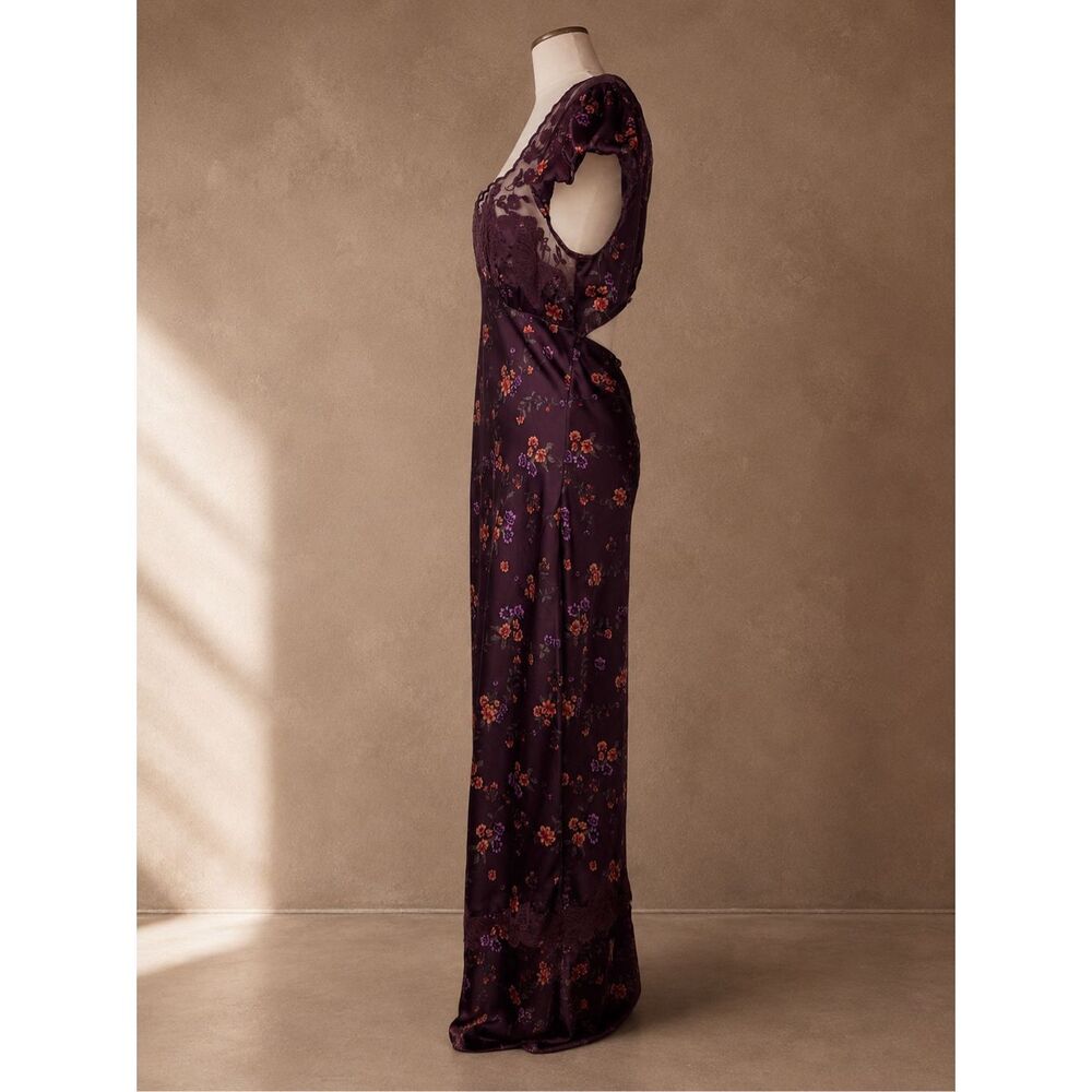 Free People Sz L Butterfly Babe Maxi Dress Floral Satin Lace Cutout Burgundy Pur - Picture 4 of 15